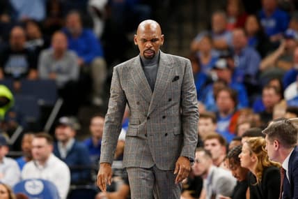 Vanderbilt's head coach Jerry Stackhouse looks down while watching his team on offense during the game between Vanderbilt University and University of Memphis at FedExForum in Memphis, Tenn., on Saturday, December 23, 2023.