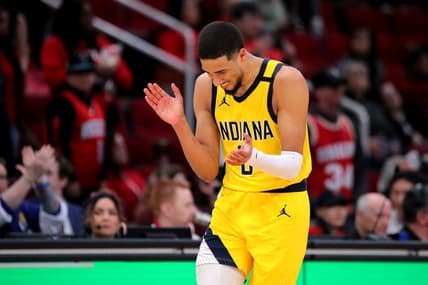 Dec 26, 2023; Houston, Texas, USA; Indiana Pacers guard Tyrese Haliburton (0) reacts in the final seconds against the Houston Rockets during the fourth quarter at Toyota Center. Mandatory Credit: Erik Williams-USA TODAY Sports
