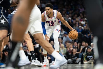 Dec 27, 2023; Orlando, Florida, USA; Philadelphia 76ers forward Tobias Harris (12) dribbles the ball against the Orlando Magic at Kia Center. Mandatory Credit: Jeremy Reper-USA TODAY Sports