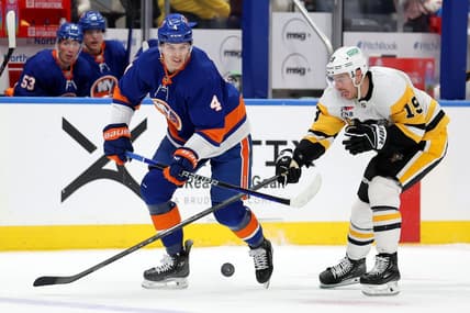Dec 27, 2023; Elmont, New York, USA; New York Islanders defenseman Samuel Bolduc (4) fights for the puck against Pittsburgh Penguins right wing Reilly Smith (19) during the third period at UBS Arena. Mandatory Credit: Brad Penner-USA TODAY Sports