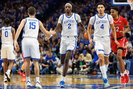 Dec 29, 2023; Lexington, Kentucky, USA; Kentucky Wildcats forward Aaron Bradshaw (2) celebrates with guard Reed Sheppard (15) during the first half against the Illinois State Redbirds at Rupp Arena at Central Bank Center. Mandatory Credit: Jordan Prather-USA TODAY Sports