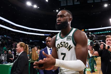 Dec 29, 2023; Boston, Massachusetts, USA; Boston Celtics forward Jaylen Brown (7) reacts after defeating the Toronto Raptors at TD Garden. Mandatory Credit: Paul Rutherford-USA TODAY Sports
