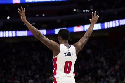 Dec 30, 2023; Detroit, Michigan, USA;  Detroit Pistons center Jalen Duren (0) celebrates in the second half against the Toronto Raptors at Little Caesars Arena. Mandatory Credit: Rick Osentoski-USA TODAY Sports