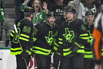 Dec 31, 2023; Dallas, Texas, USA; Dallas Stars center Tyler Seguin (91) and left wing Mason Marchment (27) and defenseman Miro Heiskanen (4) and center Matt Duchene (95) celebrates a goal scored by Seguin against the Chicago Blackhawks during the first period at the American Airlines Center. Mandatory Credit: Jerome Miron-USA TODAY Sports