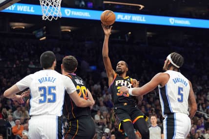 Dec 31, 2023; Phoenix, Arizona, USA; Phoenix Suns forward Kevin Durant (35) shoots against the Orlando Magic during the first half at Footprint Center. Mandatory Credit: Joe Camporeale-USA TODAY Sports