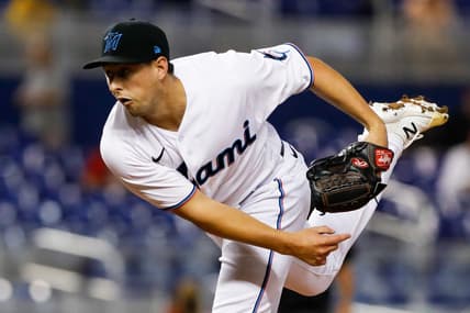 Jun 24, 2021; Miami, Florida, USA; Miami Marlins starting pitcher Cody Poteet (72) delivers a pitch during the first inning against the Miami Marlins at loanDepot Park. Mandatory Credit: Sam Navarro-USA TODAY Sports