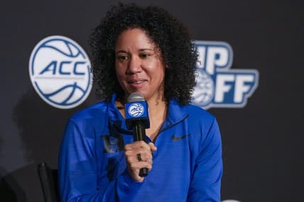 Oct 13, 2021; Charlotte, NC, USA; Duke Blue Devils head coach Kara Lawson during the ACC Tip Off at Charlotte Marriott City Center. Mandatory Credit: Jim Dedmon-USA TODAY Sports