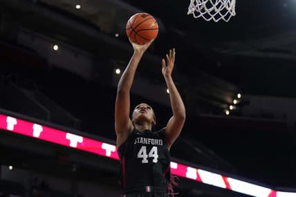 Jan 15, 2023; Los Angeles, California, USA; Stanford Cardinal forward Kiki Iriafen (44) shoots the ball against the Southern California Trojans in the second half at Galen Center.  USC defeated Stanford 55-46. Mandatory Credit: Kirby Lee-USA TODAY Sports