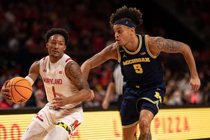 Jan 19, 2023; College Park, Maryland, USA;  Maryland Terrapins guard Jahmir Young (1) makes a move to the basket a Michigan Wolverines forward Terrance Williams II (5) defends during the second half at Xfinity Center. Mandatory Credit: Tommy Gilligan-USA TODAY Sports