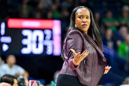 Jan 22, 2023; South Bend, Indiana, USA; Virginia Cavaliers head coach Amaka Agugua-Hamilton looks to her bench in the second half against the Notre Dame Fighting Irish at the Purcell Pavilion. Mandatory Credit: Matt Cashore-USA TODAY Sports