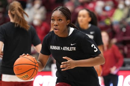 Jan 20, 2023; Stanford, California, USA; Stanford Cardinal forward Kiki Iriafen (44) warms up before the game against the Utah Utes at Maples Pavilion. Mandatory Credit: Darren Yamashita-USA TODAY Sports