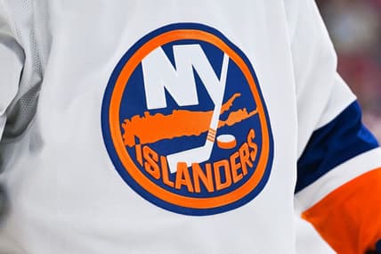 Feb 11, 2023; Montreal, Quebec, CAN; View of a New York Islanders logo on a jersey worn by a member of the team against the Montreal Canadiens during the second period at Bell Centre. Mandatory Credit: David Kirouac-USA TODAY Sports