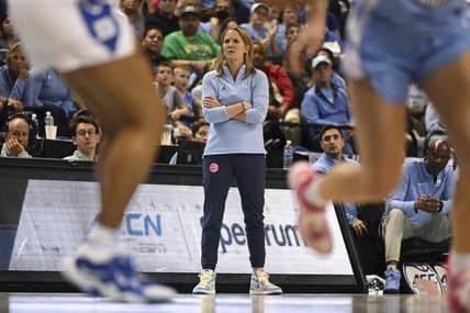 Mar 3, 2023; Greensboro, NC, USA; North Carolina Tar Heels head coach Courtney Banghart watches play during the first half at Greensboro Coliseum. Mandatory Credit: William Howard-USA TODAY Sports