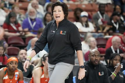 Mar 24, 2023; Greenville, SC, USA; Miami Hurricanes head coach Katie Meier during the second half of the NCAA Women   s Tournament against the Villanova Wildcats at Bon Secours Wellness Arena. Mandatory Credit: Jim Dedmon-USA TODAY Sports