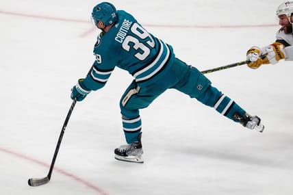 Mar 30, 2023; San Jose, California, USA;  San Jose Sharks center Logan Couture (39) during overtime scores the winning goal against the Vegas Golden Knights at SAP Center at San Jose. Mandatory Credit: Neville E. Guard-USA TODAY Sports