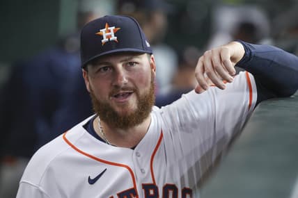 Jun 13, 2023; Houston, Texas, USA; Houston Astros relief pitcher Matt Gage (91) in the dugout before the game against the Washington Nationals at Minute Maid Park. Mandatory Credit: Troy Taormina-USA TODAY Sports