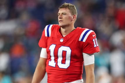 Sep 17, 2023; Foxborough, Massachusetts, USA; New England Patriots quarterback Mac Jones (10) reacts before playing the Miami Dolphins at Gillette Stadium. Mandatory Credit: Paul Rutherford-USA TODAY Sports