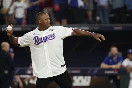 Oct 28, 2023; Arlington, TX, USA; Former Texas Rangers player Adrian Beltre throws out the ceremonial first pitch before the game between the Texas Rangers and the Arizona Diamondbacks in game two of the 2023 World Series at Globe Life Field. Mandatory Credit:Raymond Carlin III-USA TODAY Sports