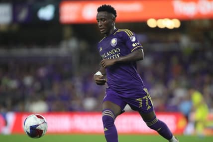 Oct 30, 2023; Orlando, Florida, USA; Orlando City forward Ivan Angulo (77) plays the ball in the second half against the Nashville SC of game one in a round one match of the 2023 MLS Cup Playoffs at Exploria Stadium. Mandatory Credit: Morgan Tencza-USA TODAY Sports