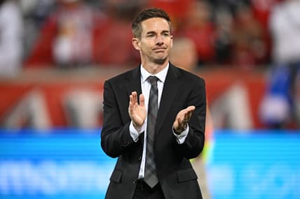 Nov 4, 2023; Harrison, NJ, USA; New York Red Bulls head coach Troy Lesesne reacts after the game against FC Cincinnati of game two in a round one match of the 2023 MLS Cup Playoffs at Red Bull Arena. Mandatory Credit: Mark Smith-USA TODAY Sports