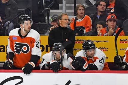 Nov 4, 2023; Philadelphia, Pennsylvania, USA; Philadelphia Flyers head coach John Tortorella against the Los Angeles Kings at Wells Fargo Center. Mandatory Credit: Eric Hartline-USA TODAY Sports