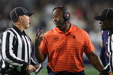 Nov 18, 2023; Atlanta, Georgia, USA; Syracuse Orange head coach Dino Babers talks to a referee against the Georgia Tech Yellow Jackets in the first half at Bobby Dodd Stadium at Hyundai Field. Mandatory Credit: Brett Davis-USA TODAY Sports