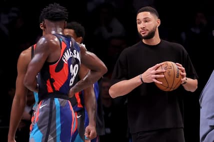 Nov 30, 2023; Brooklyn, New York, USA; Brooklyn Nets injured guard Ben Simmons (10) holds a basketball on the court during a time out during the third quarter against the Charlotte Hornets at Barclays Center. Mandatory Credit: Brad Penner-USA TODAY Sports