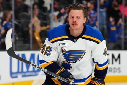 Dec 4, 2023; Las Vegas, Nevada, USA; St. Louis Blues right wing Kasperi Kapanen (42) warms up before a game against the Vegas Golden Knights at T-Mobile Arena. Mandatory Credit: Stephen R. Sylvanie-USA TODAY Sports