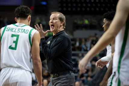 Oregon head coach Dana Altman addresses his team during the first half as the Oregon Ducks host UTEP Saturday, Dec. 9, 2023, at Matthew Knight Arena in Eugene, Ore.