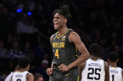 Dec 20, 2023; New York, New York, USA; Baylor Bears guard Ja'Kobe Walter (4) reacts during the second half against the Duke Blue Devils at Madison Square Garden. Mandatory Credit: John Jones-USA TODAY Sports