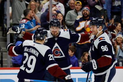 Dec 23, 2023; Denver, Colorado, USA; Colorado Avalanche right wing Valeri Nichushkin (13) celebrates his goal with center Nathan MacKinnon (29) and right wing Mikko Rantanen (96) in the second period against the Arizona Coyotes at Ball Arena. Mandatory Credit: Isaiah J. Downing-USA TODAY Sports