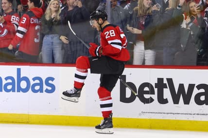 Dec 27, 2023; Newark, New Jersey, USA; New Jersey Devils right wing Timo Meier (28) celebrates his game winning goal against the Columbus Blue Jackets during overtime at Prudential Center. Mandatory Credit: Ed Mulholland-USA TODAY Sports
