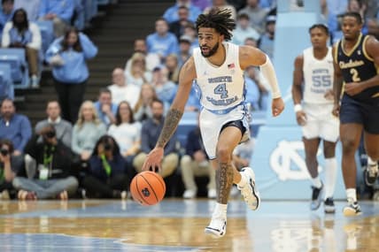Dec 29, 2023; Chapel Hill, North Carolina, USA; North Carolina Tar Heels guard RJ Davis (4) on the fast break in the second half at Dean E. Smith Center. Mandatory Credit: Bob Donnan-USA TODAY Sports
