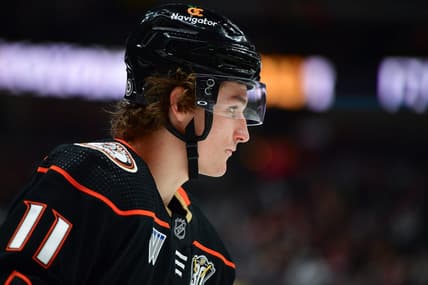 Dec 29, 2023; Anaheim, California, USA; Anaheim Ducks center Trevor Zegras (11) during a stoppage in play in the second period at Honda Center. Mandatory Credit: Gary A. Vasquez-USA TODAY Sports