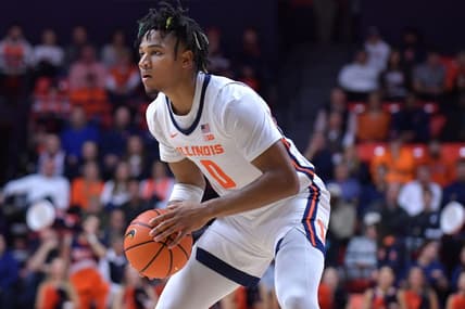 Dec 17, 2023; Champaign, Illinois, USA;  Illinois Fighting Illini guard Terrence Shannon Jr. (0) during an NCAA game against the Colgate Raiders at State Farm Center. Mandatory Credit: Ron Johnson-USA TODAY Sports