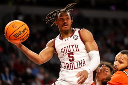 Dec 30, 2023; Columbia, South Carolina, USA; South Carolina Gamecocks guard Meechie Johnson (5) passes against the Florida A&M Rattlers in the first quarter at Colonial Life Arena. Mandatory Credit: Jeff Blake-USA TODAY Sports