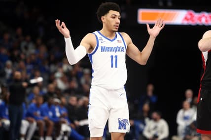 Dec 30, 2023; Memphis, Tennessee, USA; Memphis Tigers guard Jahvon Quinerly (11) reacts during the second half against the Austin Peay Governors at FedExForum. Mandatory Credit: Petre Thomas-USA TODAY Sports
