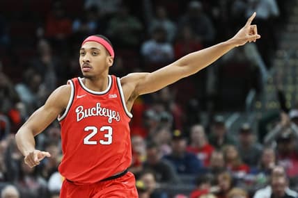 Dec 30, 2023; Cleveland, Ohio, USA; Ohio State Buckeyes forward Zed Key (23) celebrates after a basket during the second half against the West Virginia Mountaineers at Rocket Mortgage FieldHouse. Mandatory Credit: Ken Blaze-USA TODAY Sports