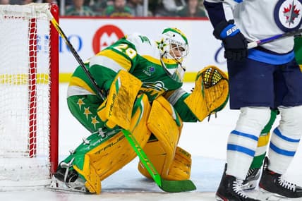 Dec 31, 2023; Saint Paul, Minnesota, USA; Minnesota Wild goaltender Marc-Andre Fleury (29) defends his net against the Winnipeg Jets during the third period at Xcel Energy Center. Mandatory Credit: Matt Krohn-USA TODAY Sports