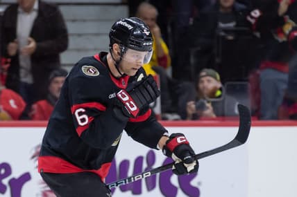Dec 31, 2023; Ottawa, Ontario, CAN; Ottawa Senators defenseman Jakob Chychrun (6) skates to the bench after scoring a goal in the first period against the Buffalo Sabres at the Canadian Tire Centre. Mandatory Credit: Marc DesRosiers-USA TODAY Sports