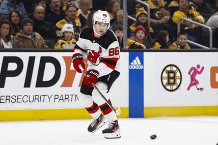 Dec 30, 2023; Boston, Massachusetts, USA; New Jersey Devils center Jack Hughes (86) during the first period against the Boston Bruins at TD Garden. Mandatory Credit: Winslow Townson-USA TODAY Sports