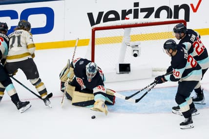 Jan 1, 2024; Seattle, Washington, USA; Seattle Kraken goaltender Joey Daccord (35) makes a save against the Vegas Golden Knights during the second period in the 2024 Winter Classic ice hockey game at T-Mobile Park. Mandatory Credit: Joe Nicholson-USA TODAY Sports