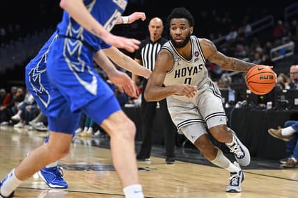 Jan 2, 2024; Washington, District of Columbia, USA; Georgetown Hoyas guard Dontrez Styles (0) dribbles against the Creighton Bluejays during the second half at Capital One Arena. Mandatory Credit: Brad Mills-USA TODAY Sports