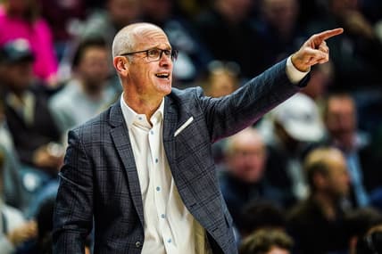 Jan 2, 2024; Storrs, Connecticut, USA; Connecticut Huskies head coach Dan Hurley watches from the sideline as they take on the DePaul Blue Demons at Harry A. Gampel Pavilion. Mandatory Credit: David Butler II-USA TODAY Sports