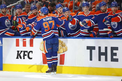 Jan 2, 2024; Edmonton, Alberta, CAN; The Edmonton Oilers celebrate a goal scored by forward Connor McDavid (97) against the Philadelphia Flyers during the first period at Rogers Place. Mandatory Credit: Perry Nelson-USA TODAY Sports