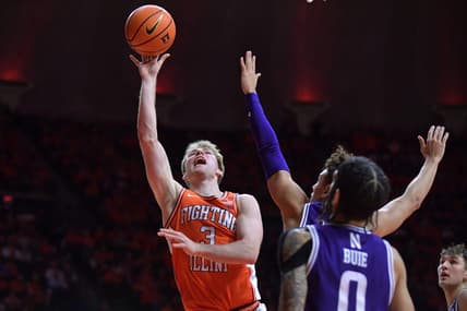 Jan 2, 2024; Champaign, Illinois, USA;  Illinois Fighting Illini guard Marcus Domask (3) shoots the ball during the first half against the Northwestern Wildcats at State Farm Center. Mandatory Credit: Ron Johnson-USA TODAY Sports