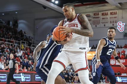 Jan 2, 2024; Queens, New York, USA; St. John's Red Storm center Joel Soriano (11) grabs a rebound in the second half against the Butler Bulldogs at Carnesecca Arena. Mandatory Credit: Wendell Cruz-USA TODAY Sports