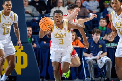 Jan 3, 2024; South Bend, Indiana, USA; Notre Dame Fighting Irish guard Markus Burton (3) dribbles in the first half against the North Carolina State Wolfpack at the Purcell Pavilion. Mandatory Credit: Matt Cashore-USA TODAY Sports