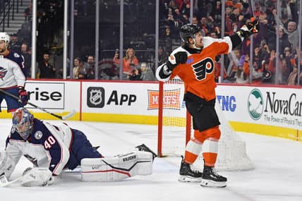 Jan 4, 2024; Philadelphia, Pennsylvania, USA;  Philadelphia Flyers right wing Travis Konecny (11) celebrates his goal against Columbus Blue Jackets goaltender Daniil Tarasov (40) during the first period at Wells Fargo Center. Mandatory Credit: Eric Hartline-USA TODAY Sports