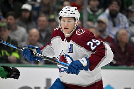 Jan 4, 2024; Dallas, Texas, USA; Colorado Avalanche center Nathan MacKinnon (29) skates against the Dallas Stars during the first period at the American Airlines Center. Mandatory Credit: Jerome Miron-USA TODAY Sports